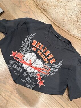 SHEIN Black Crop Tee with Gray Winged Heart & Red Accents